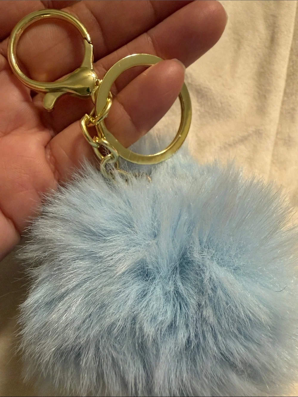 Blue Faux Fur Pom Keychain with Gold Hardware